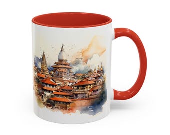 Kathmandu Watercolor Mug: Prayer Flags & Stupas - Nepal Travel Souvenir