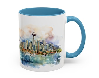 Vancouver Skyline Mug: Watercolor Cityscape, Personalized Travel Gift