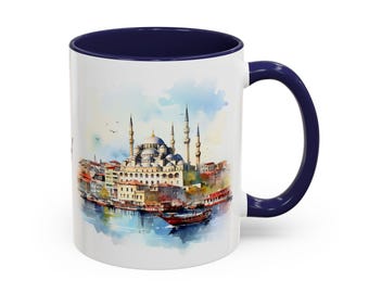 Istanbul Mug: Stunning Watercolor Landmarks on Both Sides, Available in 11oz and 15oz Sizes, Personalize with Your Name or Year.Perfect Gift