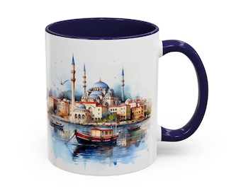 Taza con el horizonte de Estambul en acuarela – Taza de café personalizada con paisaje urbano inspirado en las vistas del Bósforo, regalo con nombre personalizado, recuerdo para amantes de los viajes.