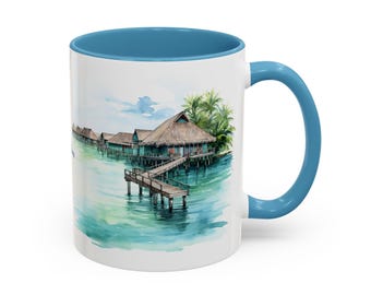 Maldives Coffee Mug – Watercolor Island View, Tropical Beach Scene, Personalized Travel Mug Gift, Ocean Paradise Cup, Coastal Home Decor