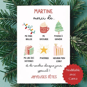 Carte de remerciement personnalisée pour enseignante éducatrice à imprimer, cadeau de Noël pour enseignant, carte de souhait Noël à imprimer