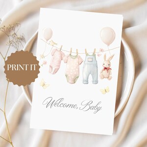 Personalized Newborn Card, Clothesline with Bunny, Baby Congratulations Card, New Parents Greeting Card, Announcement