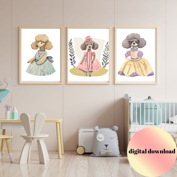 Wall art for kids Printable, Watercolor in FINO dog clothes,Playroom Decor,Kids Room Decor,Kids Room Wall Decor,Kids Room Printable,Set of 3