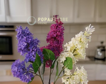 24.8"Fake Real Touch Lila Blumenzweig | Creme Off White | Künstliche Frühlings- und Sommerblumen | DIY Blumendekoration für Hochzeit/Haus/Küche