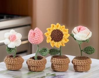 Handmaded Crochet Flower Pot-Knitted Sunflower | Rose | Tulip | Plum blossom | Heart-shaped Flower-Crochet Potted Plants
