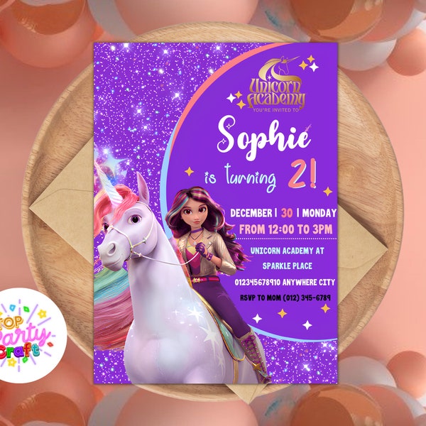 Violet Sparkle Unicorn Birthday Invitation, Canva Template Digital Editable/Printable, Unicorn Sophia Academy, Digital Download