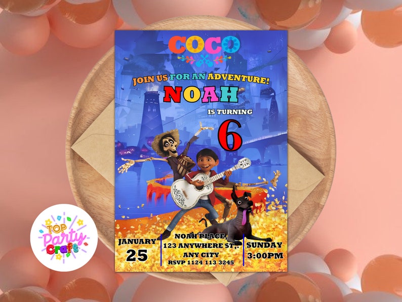 Fiesta Guitar Coco Birthday Invitation, Canva Template Digital Editable ...