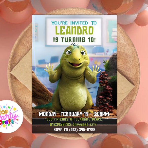 Lizard Green Birthday Invitations, Canva Template Digital Editable/Printable, LEO Green Lizard with Friends Party Invites, Instant Download