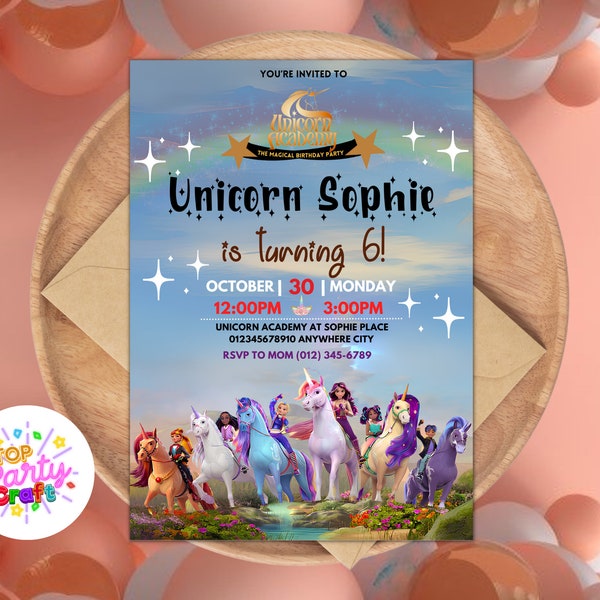 Friends Unicorn Birthday Invitation, Canva Template Digital Editable/Printable, Unicorn Sophia Squad Friends Academy, Digital Download