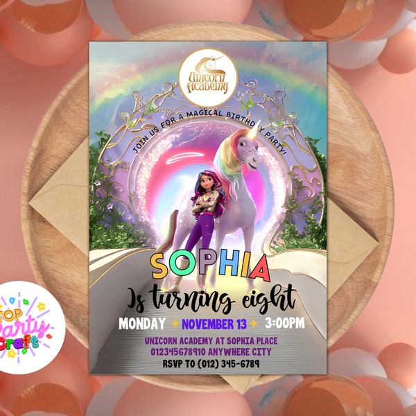 Wonderful Rainbow Unicorn Birthday Invitation, Canva Template Digital Editable/Printable, Unicorn Rainbow Sophia Academy, Digital Download