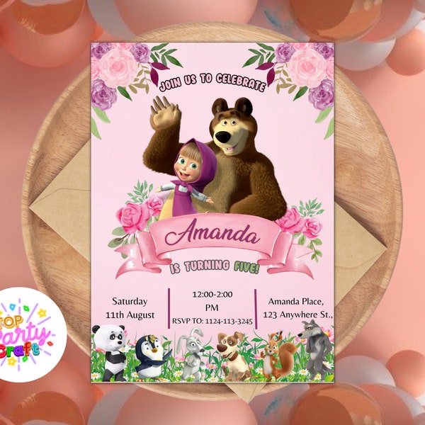 Cute Girl And The Bear Birthday Invitation, Canva Template Digital Editable/Printable, Cute Kids Masha Bear Birthday Party, Instant Download