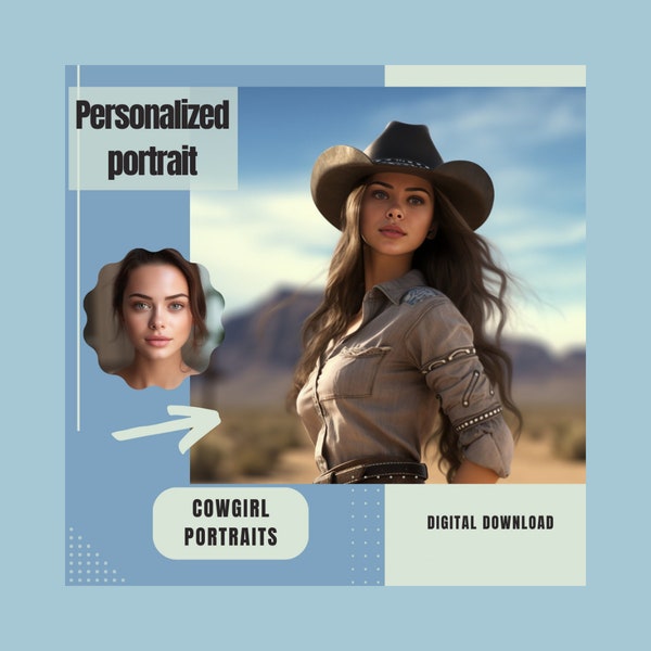 Personalized portrait of beautiful Cowgirl | Face Swap from photo | Photo Manipulation | Digital download | Printable