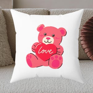 Pink Bear Square Pillow, Teddy Bear Pillow, Fun Decor Pillow, Cute Gift, Soft Toy Pillow, Gift For Her, Gift For Mom, Valentines Gift