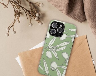 Olive iPhone Case Sage Green Mediterranean Phone Case Tough Case for iPhone 13/14/15/16 Trendy Botanical Italian Design Phone Cover