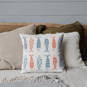Colourful Fish Pillow Sardines Fisherman Aesthetic Pillow Coastal Nautical Beach House Decor Cushion Fisherman Gift Seaside Cottage Pillow