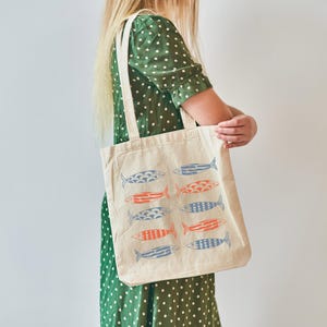 Colourful Fish Canvas Tote Bag Nautical Fish Pattern Bag Coastal Fisherman Aesthetic Scandinavian Eco Canvas Bag Summer Ocean Shopping Bag