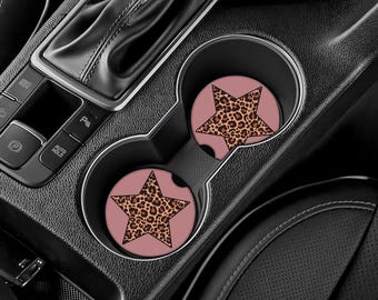 Juego de posavasos con estampado de leopardo y estrellas para coche. Posavasos estéticos para coche. Inserto para portavasos. Accesorios para coche. Decoración para coche. Regalo para amantes de los coches.