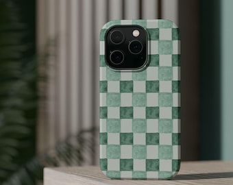 Green Checkered Pattern Magnetic Impact-Resistant Case for iPhone 17, 16, 15, 14, Pro Max, Air, Plus, Cute Phone Case, Trendy Phone Case