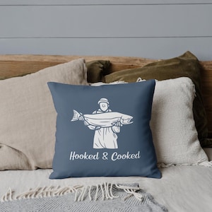 Hooked and Cooked Fisherman Pillow Fisherman Aesthetic Coastal Home Decor Nautical Beach House Cushion Fisherman Gift Seaside Decor Pillow