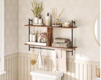 2 Tier Wood & Metal Industiral Pipe Shelves | Bathroom Shelves | Kitchen Shelves | Bar Shelves | Farmhouse Shelves | Storage Shelves