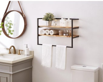 2 Tier Metal & Solid Wood Bathroom Shelves With Towel Holder | Floating Shelves | Plant Shelves | Bathroom Organizer | Over Toilet Storage