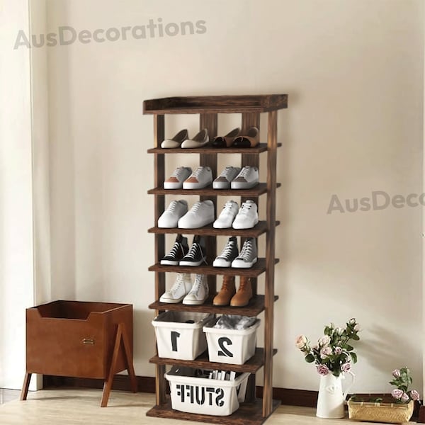 Multi Tier Wooden Shoe Rack | Shoe Storage Stand | Entryway Shoe Tower | Vertical Shoe Organizer Perfect for Narrow Closet | Home Decor