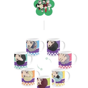 May include: Set of seven white ceramic mugs with colorful designs featuring cartoon illustrations of a K-pop boy band. Each mug has a different member's face and name on it. The mugs are arranged in a circle around a green flower with the band members' cartoon illustrations inside.