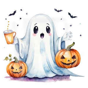 Cute Halloween Ghost with Pumpkin PNG | Watercolor Ghost PNG | Halloween Mug Png | Fall Coffee Png | Sublimation Design | Trending PNG