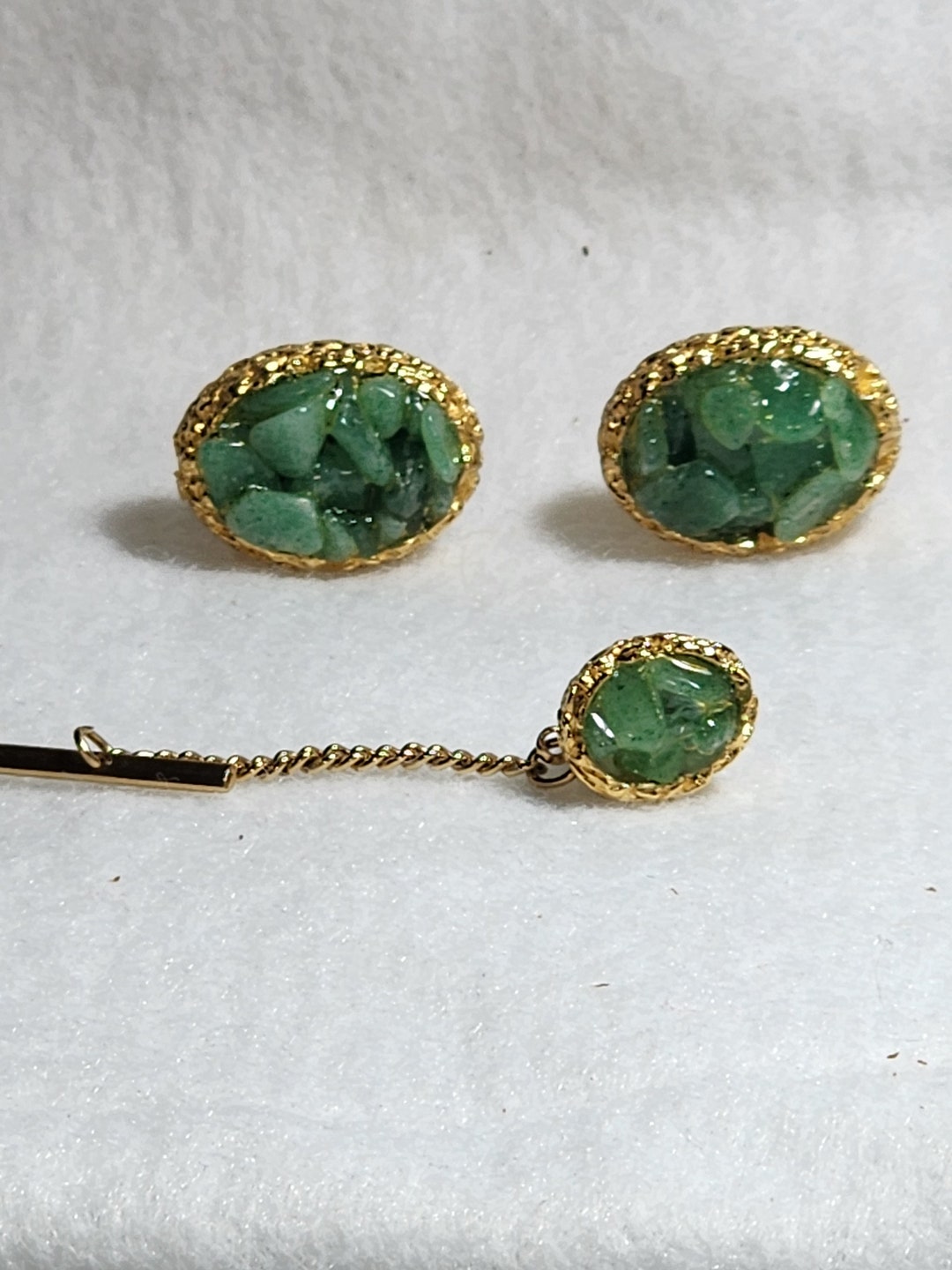 Vintage Dante Cufflink Set With Tie Clip Clasp Green Stones Etsy
