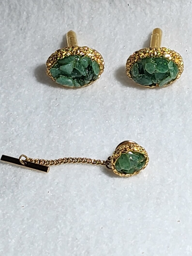 Vintage Dante Cufflink Set With Tie Clip Clasp Green Stones Etsy