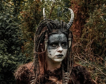 Produtos para Larp de Fantasia de Xamã | Faixa de Cabeça Feita à Mão com Chifres | Joias de Osso Tribal | Presente de Halloween