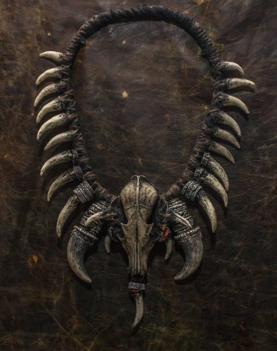 Handcrafted Fox Skull Necklace with Tusks and Teeth