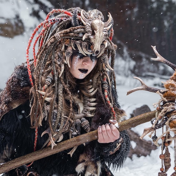 Barbarian Warlord Fox Skull Horn Crown with Dreadlocks & Braids