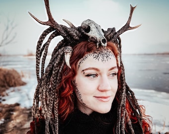 Cocar de chifre de veado com caveira de raposa | Cocar de chifre para LARP e Cosplay | Coroa de xamã tribal | Acessório de fantasia