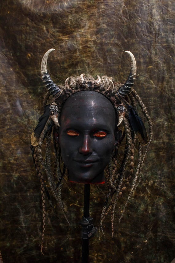 Dark Fantasy Horned Headdress with Feathers & Dreads