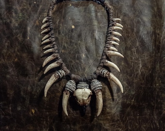 Colar de Caveira de Pássaro para LARP | Pingente de Xamã com Ossos e Presas | Joias DnD | Colar Viking | Acessórios de Cosplay de Fantasia