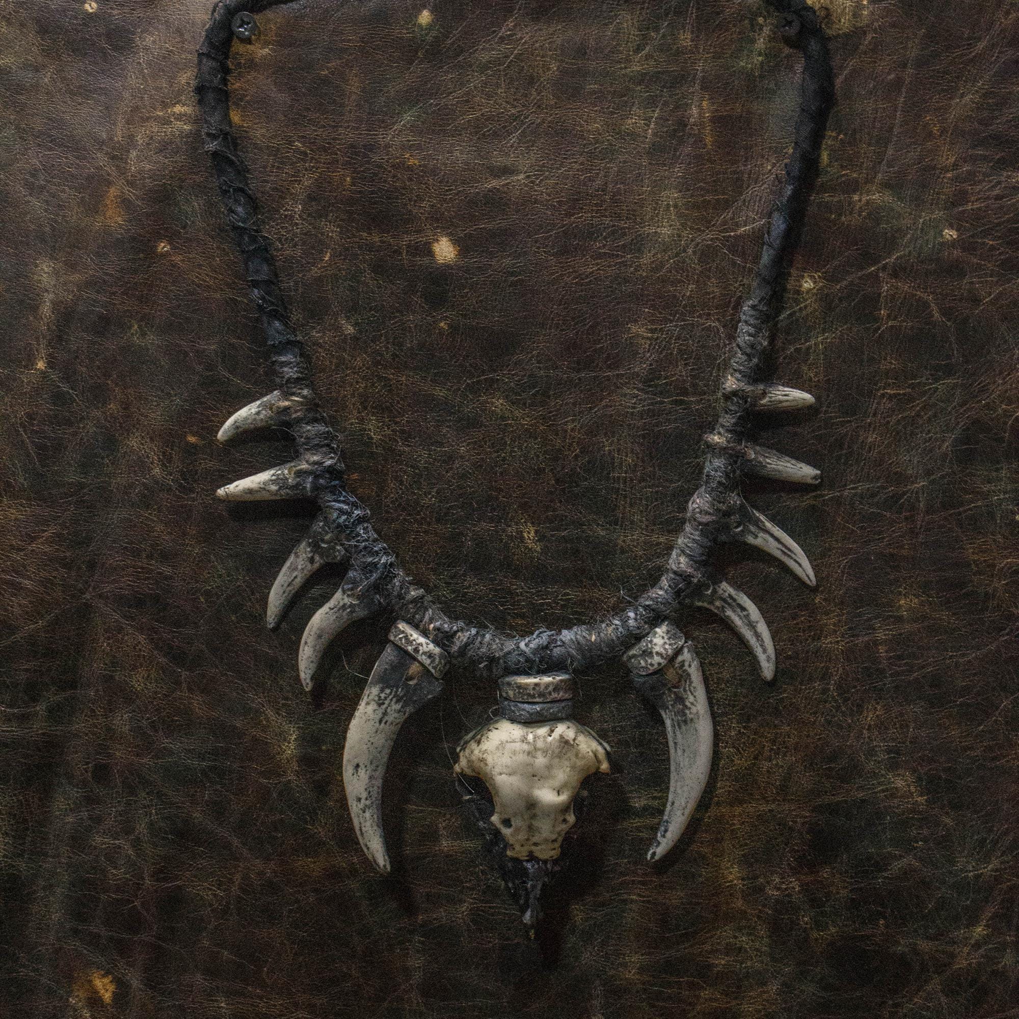 Tribal Fang Necklace With Bird Skull | Bone Amulet Jewelry | Small