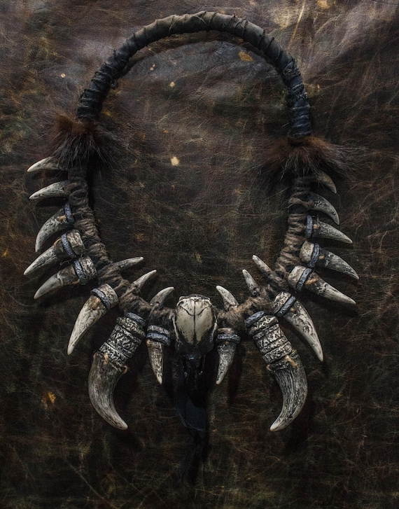 Bone Skull Fangs Necklace with Bird of Prey