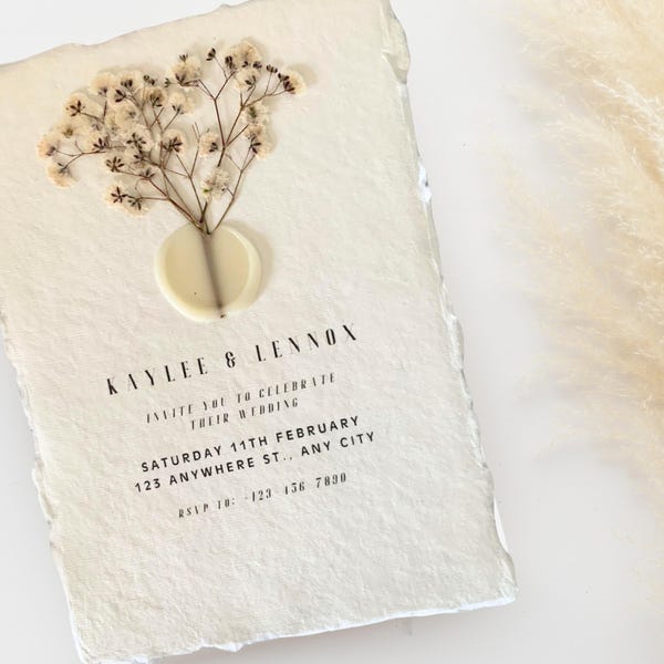 PRESSED EUCALYPTUS Wax Seal Wedding Invitation- SAMPLE- Greenery Wax Seal Simple Invite - Deckled Edge Cotton Rag Paper + Botanical Wedding