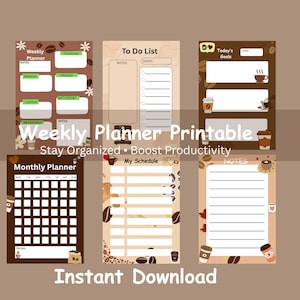 Op de afbeelding: Een verzameling afdrukbare week- en maandplanners met een koffiethema. De ontwerpen omvatten takenlijsten, dagelijkse doelen en notitiegedeeltes, allemaal in bruin- en beigetinten. De tekst "Weekly Planner Printable" en "Instant Download" is zichtbaar.