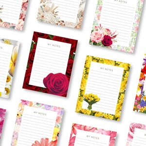 May include: A collection of floral-themed notepads. Each notepad features lined pages with the text "MY NOTES" at the top. The notepads are decorated with various flower arrangements, including roses, daisies, and hydrangeas, in vibrant colors.