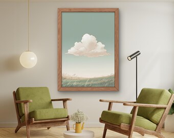 May include: A framed illustration of a single fluffy white cloud against a light blue sky with a field of green grass in the foreground.