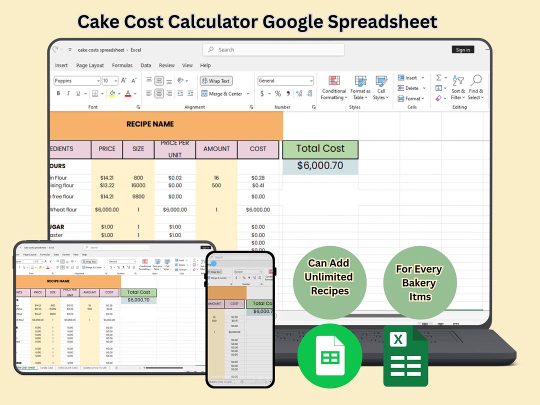 Bakery Pricing Spreadsheet | Cake Recipe Cost Calculator (google Sheets ...