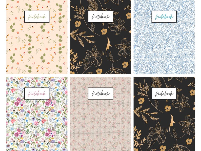 Może przedstawiać: Sześć zeszyt&oacute;w z kwiatowymi wzorami. Okładki mają wzory w kolorze beżowym, czarnym i niebieskim. Każdy zeszyt ma napis "Notebook" w białym prostokącie.