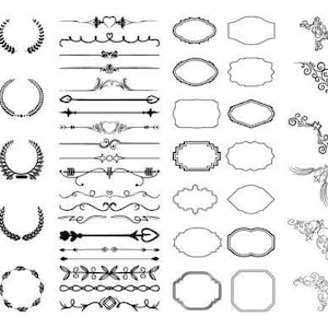 May include: A collection of black and white vector design elements, including laurel wreaths, decorative borders, frames, and corner accents. These elements are ideal for creating invitations, cards, and other design projects. The image is on a white background.