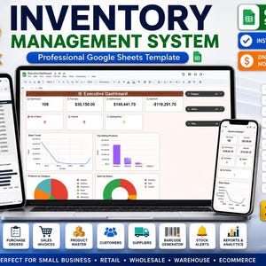 May include: An inventory management system Google Sheets template displayed on a laptop, tablet, and smartphone. The interface features an executive dashboard with charts, graphs, and data tables. Text includes Inventory Management System, 31 Powerful Tabs, and Google Sheets.