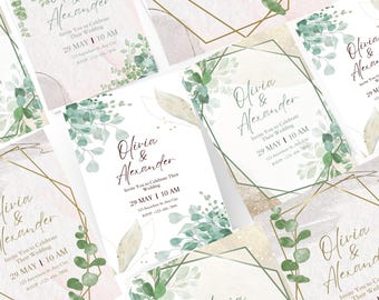 Sjabloon eucalyptushuwelijksuitnodiging: minimalistisch groen, boho-ontwerp (digitale download)