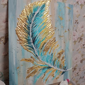 Pittura acrilica con piume su tela Arte della parete Pittura astratta Personalizzata Piuma blu Soggiorno Decor Regalo.
