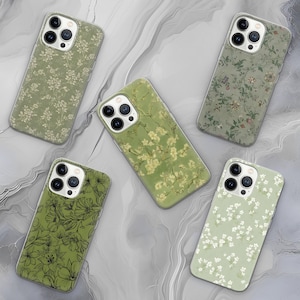 Sage Green Phone Cases Protective For iPhone 16 15 Plus 14 Pro Max 12 13 Mini 11 Pro Galaxy S25 Cute Preppy Trendy Floral Aesthetic Cover